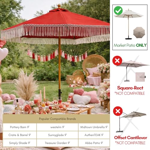 Formosa Covers 9ft 8-Rib Boho Replacement Umbrella CANOPY ONLY with Tassel Fringe Valance — 600D Polyester, UV-Treated, Fits Market Patio Frames (Red) - color: Tassel Red