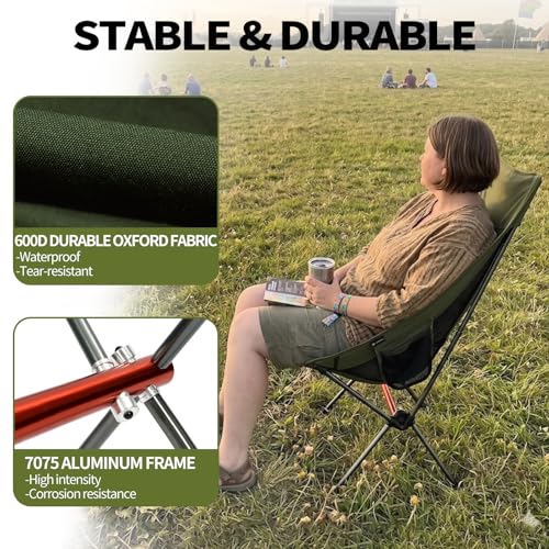 SHALLWE Camping Chairs, All Aluminum Frame Portable Folding Camp Chair for Adults, Heavy Duty High Back Collapsible with Built-in Pillow, Side Pocket, Carry Bag for Backpacking, Hiking, Beach - color: Green
