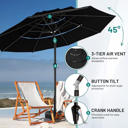 AreShark 9ft 3-Tier Patio Umbrellas, Outdoor Umbrella with 8 Sturdy Ribs UV Protection Windproof, Market Table Umbrella w/Push Button Tilt & Crank for Pool, Porch, Deck, Garden(Black) - color: Black