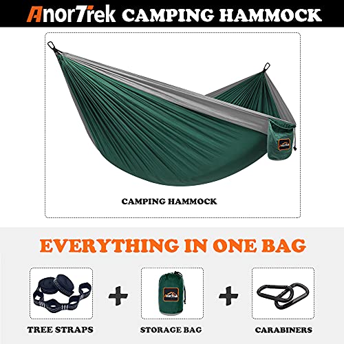 AnorTrek Camping Hammock, Super Lightweight Portable Parachute Hammock with Two Tree Straps Single or Double Nylon Travel Tree Hammocks for Camping Backpacking Hiking - color: Dark Green&light Grey, size: Single 110''L x 55''W