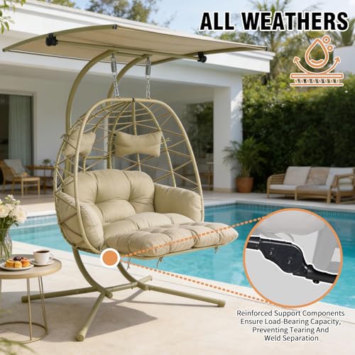 Double Egg Chair Outdoor with Stand & Canopy,Hanging Loveseat Hammock Swing Chair with Leg Rests & UV Resistant Cushion,Patio Swinging Chair,600LBS Capacity for Bedroom Balcony Garden - color: Double Chair & Footrest & Canopy, size: Khaki Frame&Floral Cus