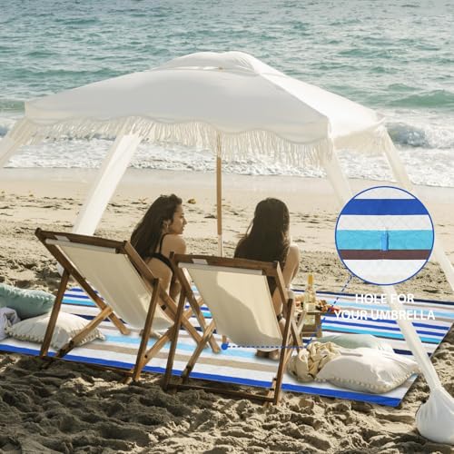 AMMSUN Beach Cabana with Blanket, 7' x 7' Boho Canopy with Tassels, Premium Wood Pole, Fringe Cabana Tent with Sand Pockets, Instant Sun Shade for Sand, Garden, Outdoor, Elegant White - color: Elegant White with Colorful Beach Blanket