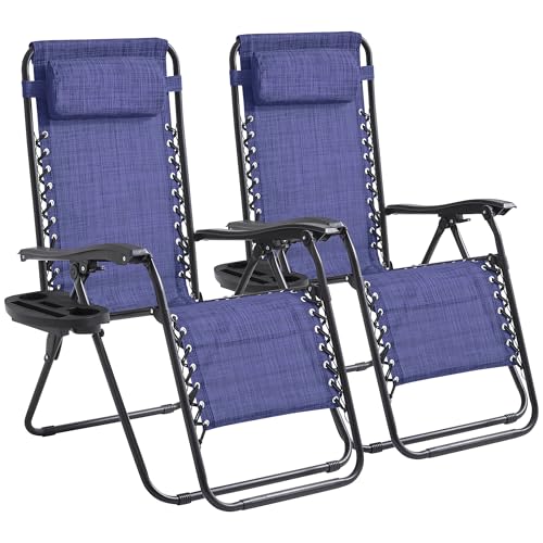 Zero Gravity Chair Set of 2 Oversized Folding Recliner, Padded Anti Gravity Lounge Chair with Adjustable Pillow & Cup Holder for Outdoor Camping, Patio, Poolside, Lawn (Blue) - color: Blue, size: 2 Pcs
