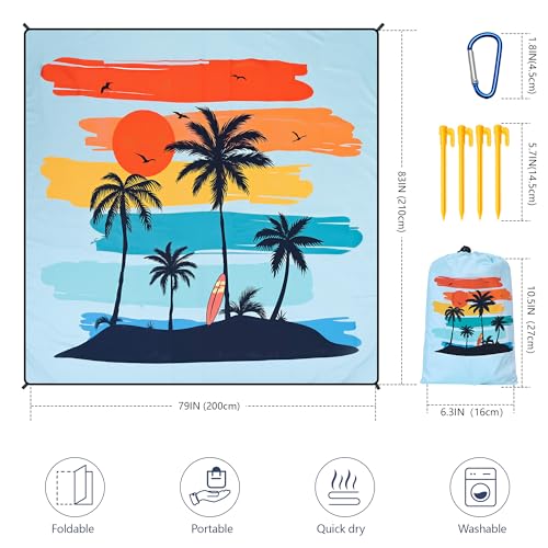 HIHOHO Beach Blanket Waterproof Sandproof Extra Large Beach Mat 79" X 83"/120"x108"for 1-8 Adults Quick Drying Durable Outdoor Picnic Mat for Beach Travel Camping Hiking - color: Coconut Tree - Rainbow - Light Blue, size: 79" X 83"（1~3 person）