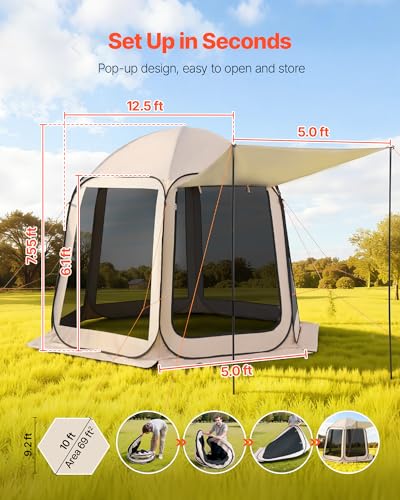 Pop Up Screen House Tent VEVOR 10 x 9.2 FT Pop-Up Screen Room with Awning, Portable Screen Tent Gazebo for 4–8 Person, Instant Screen Canopy with Carry Bag for Patio Backyard Camping - color: Beige 1, size: 10x9.2x7.55 FT