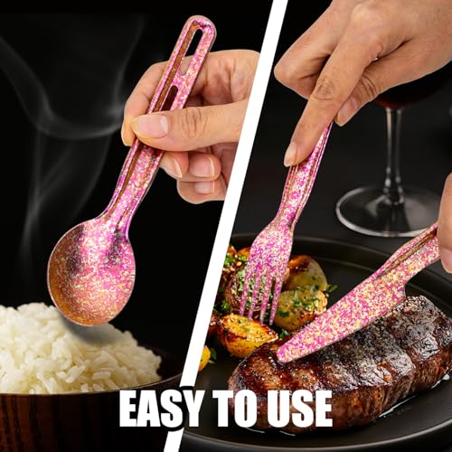 TiTo Titanium 3 Piece Cutlery Set, Ultralight Portabale Titanium Fork Spoon & Knife Tableware for Outdoor Camping Hiking Backpacking Travel Picnic Flatware with Titanium Carabiner (Rose Pink) - color: Rose Pink
