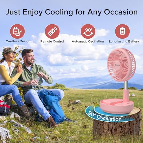 Belife X8 Portable Fan, 7200mAh Battery Powered Rechargeable, Oscillating USB Desk Floor Fan with Remote, Foldable Telescopic Fan for Home Bedroom Sleeping Office Camping Travel, 7.7" (Pink) - color: Pink, style: Oscillating