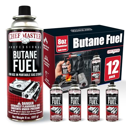 Chef Master 12x 8oz Butane Fuel Canister - Butane Canister for Kitchen Torch & Camp Stove - Gas for Picnics, Outdoor Cooking, Grilling - Camping Fuel Canister, Torch Fuel Camping Essentials - 90340 - size: Pack of 12