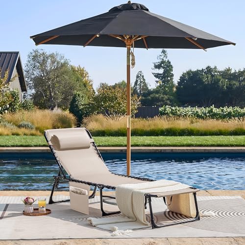 Flamaker Foldable Chaise Lounge Chair 5-Position Adjustable, Tanning Chair with Side Pocket, Outdoor Sunbathing for Pool, Beach, Patio, Lawn, Indoor Recliner Chair for Napping(Beige, 1 Pcs) - color: Beige, style: Normal, 1 Pcs