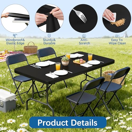 6FT Picnic Black Spandex Table Cloth - 1 Pack Fitted Rectangle Tablecloth for Folding Tables, Washable Table Cover for Outdoor, Camping, Picnic, Banquet and Party(30" x 72") - color: Black-6ft