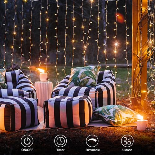 echosari 300 LED Curtain Lights Battery Operated, 9.8ft×9.8ft Hanging Light with Remote Timer Fairy Curtain Lights for Bedroom Patio Wedding Backdrop Party Decór (Warm White) - color: Warm White, size: 9.8ft X 9.8ft