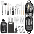 Camping Cooking Utensils Set, Stainless Steel Grill Tools, Camping BBQ Cookware Gear and Equipment for Travel Tenting RV Van Picnic Portable Kitchen Essentials Accessories - color: Black-28 PCS