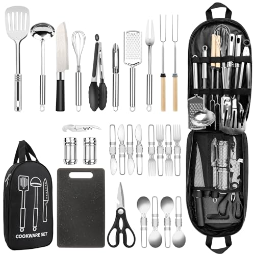 Camping Cooking Utensils Set, Stainless Steel Grill Tools, Camping BBQ Cookware Gear and Equipment for Travel Tenting RV Van Picnic Portable Kitchen Essentials Accessories - color: Black-28 PCS