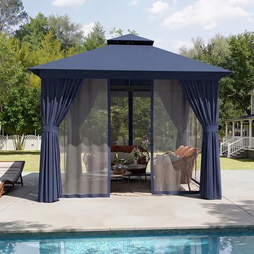 Aoxun Outdoor Gazebo for Patio 10x10 Metal Frame Canopy with Double Roofs Heavy Duty Party Tent and Shelter with Mosquito Netting and Privacy Screen for Backyard, Lawn, Garden, Deck (Navy Blue) - color: Navy Blue, size: 10 X 10