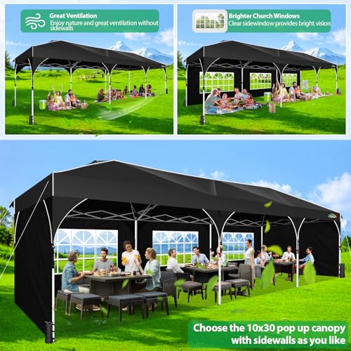 COBIZI 10x30 Pop Up Canopy Tent for Parties with 5 Sidewalls| Push Center Lock & Air Vent| Waterproof & UPF50+ |Gazebo Outdoor Tent for Party,Wedding,BBQ with 4 Sandbags, 8 Stakes & 16 Ropes,Black - color: Black, size: 10x30ft With 5 Sidewalls