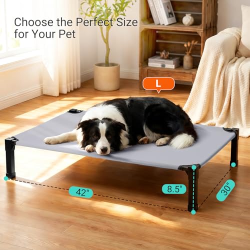 Niubya Elevated Outdoor Dog Bed, Cooling Elevated Pet Cot, Steel-Framed and Non-Slip Feet, Raised Dog Bed with Waterproof, Washable, Breathable Teslin Mesh, 42in - color: Grey, size: 42"L x 30"W x 8.5"H
