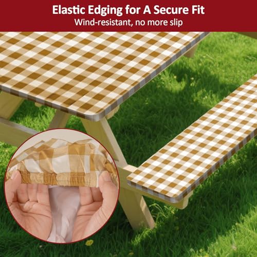 6ft Picnic Table and Bench Cover, Camping Essentials RV Gear, 72 in Waterproof Windproof Outdoor Elastic All Around Tablecloth, Fitted Rectangle Tables and Seats, Coffee-White Checkered - color: Coffee-white Checkered, size: 72"