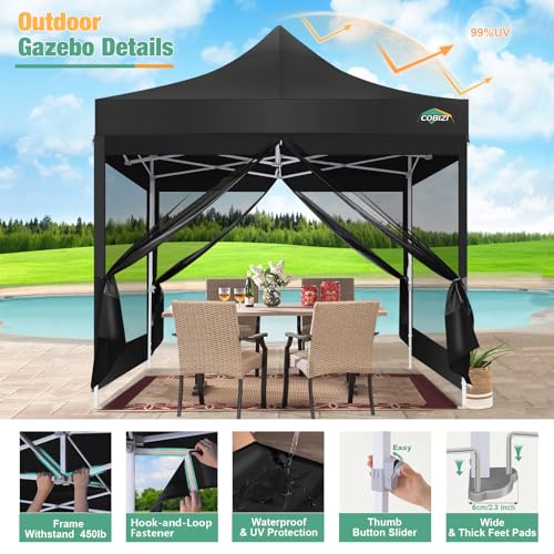 COBIZI Canopy Tent 10x10 Heavy Duty, Pop Up Gazebo with Netting Screened,Waterproof Ez up Canopy with Sidewalls, Outdoor Instant Screen House Tent for Camping,Backyard, Wedding, Birthday,Black - color: Black, size: 10x10FT