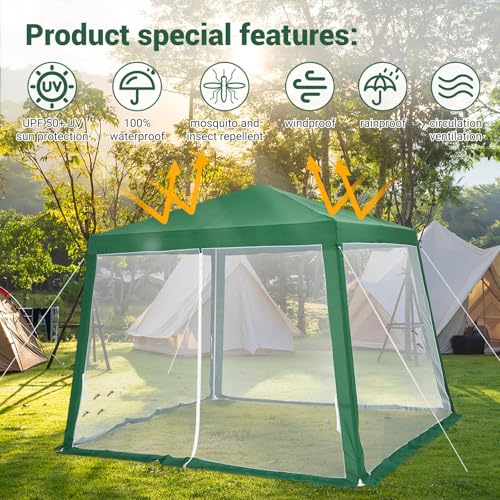 10x10 ft Pop-Up Canopy Tent with Mesh Mosquito Netting Sidewalls, Waterproof UV-Block Outdoor Screen Shelter for Camping, Picnic, Garden, Backyard Events - color: Green, size: 10x10ft