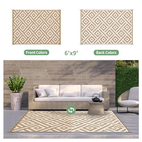 GENIMO Outdoor Rug for Patio Clearance, 6'x9' Waterproof Camping Mat, Reversible Plastic Straw Rugs for RV, Camper, Balcony, Backyard, Picnic, Deck (Brown & White) - color: Brown&white, size: 6' x 9' (Rectangular)