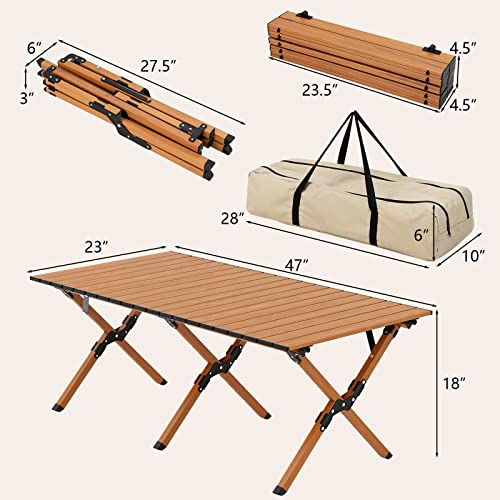 COSTWAY Folding Picnic Table, Roll-Up Aluminum Camping Table with Wood Grain, Portable Low Height Beach Table with Carry Bag for Camping, Picnic, BBQ & Hiking, Easy Assembly, Natural (47” x 23” x 18”)