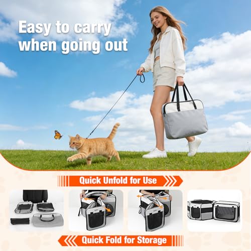 2-in-1 Portable Cat Playpen, [48 * 26 * 26in] Large Pet Playpen with Detachable Litter Box Enclosure Playpen, Pop-Up Indoor/Outdoor Puppy Kennel for Cats/Small Dogs/Rabbits, Foldable with Carry Bag