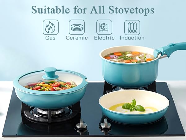 GIPP 5pcs Pots and Pans Set Non Stick, Nonstick Cookware Set Detachable Handle, Ceramic Pots for Cooking Non Stick with Removable Handle, RV Cookware Set for All Stoves, Light Blue Gradient - color: Light Blue Gradient, size: 5PCS