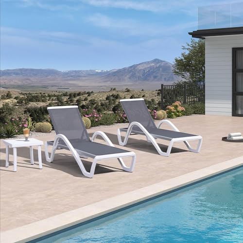 PURPLE LEAF Patio Chaise Lounge Chair Set of 3 Outside Aluminum Plastic Stackable Tanning Chairs with Armrests and Side Table for Pool Sunbathing Beach Deck Outdoor Lounger, Grey - color: Grey, style: 2 chairs(w/Arms) + 1 table