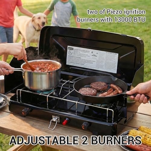 FineFlame Camping Stove, Propane Portable Camp Stove with Regulator, Push-Button Instant Ignition, Adjustable Burners & Wind Guards for Car BBQ Picnics Outdoor Camping Cooking (13000BTU-2 Burners) - color: BLACK-13000BTU-2 Burners
