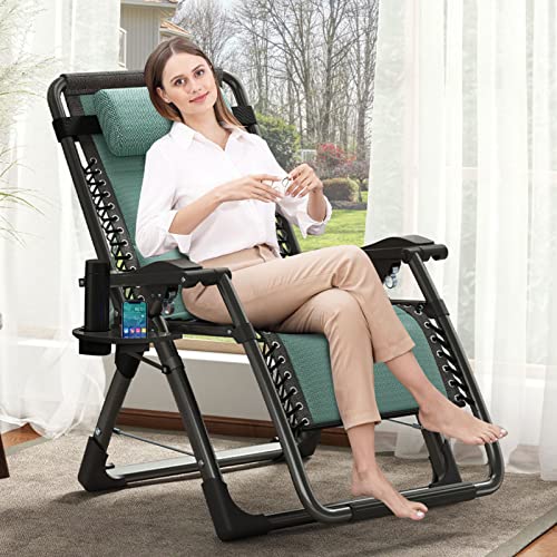 LILYPELLE Zero Gravity Chair, Premium Lawn Recliner Folding Portable Chaise Lounge with Detachable Headrest and Cup Holder, Reclining Patio Lounger Chair - color: Cool Green, style: Zero Gravity Chair