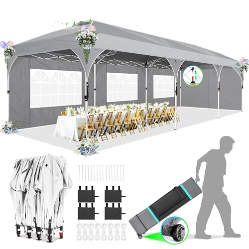 COBIZI 10x30 Party Tent: 10x30 Pop Up Canopy with Wheeled Bag - Tents for Parties with Patented Center-Lock Tech, 420D Waterproof Fabric, Easy Setup Canopy Tent with Removable Sidewalls, (Gray) - color: Gray, size: 10x30ft With 5 Sidewalls