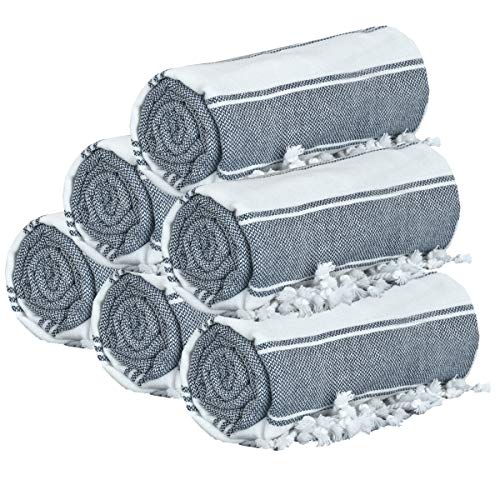GLAMBURG Peshtemal Turkish Beach Towel Cotton Oversized 36x71 Set of 6 for Adults, Soft Durable Absorbent Extra Large Hammam Bath Sheet - Navy Blue - color: Navy, size: 6 Pack