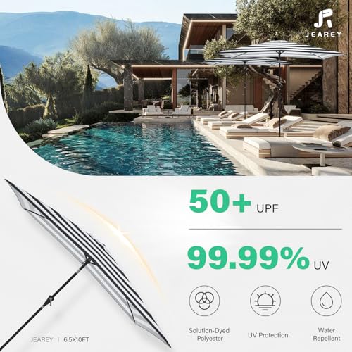 JEAREY 6.5x10 ft Rectangular Patio Umbrellas Rectangle Outdoor Umbrella with Push Button Tilt and Crank, Market Table Umbrella 6 Sturdy Ribs UV Protection for Poolside Garden Backyard Deck, Black-White Stripe - color: Black-White Stripe