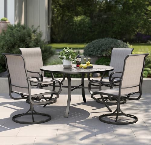 PHI VILLA 5 Piece Outdoor Patio Dining Set with 4 Swivel Dining Chairs & 1 Large Round Dining Table, Gray Textilene Mesh Fabric Chair and Round Metal Table for All Weather Deck Lawn Garden - color: Grey Fabric, size: 42" Dia x 28"H-5 Piece-Metal