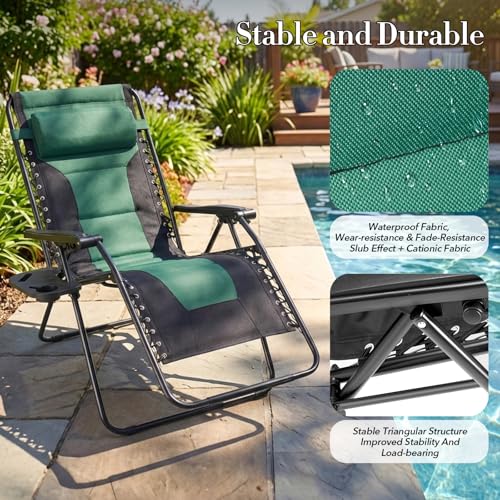 NEWBULIG Padded Zero Gravity Chair, Foldable Outdoor Lounge Chair for Patio, Camping & Backyard, Portable Anti-Gravity Recliner, Adjustable Locking, Removable Tray, 330 lbs Capacity, Black & Green