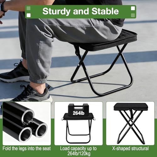 Foldable Backpack Stool 2 Pack, Portable Collapsible Camping Stool, Pocket Chair & Supports 265Lbs, Ultralight for Hiking, Outdoor, Fishing, Camping, Festivals (Black+Beige)