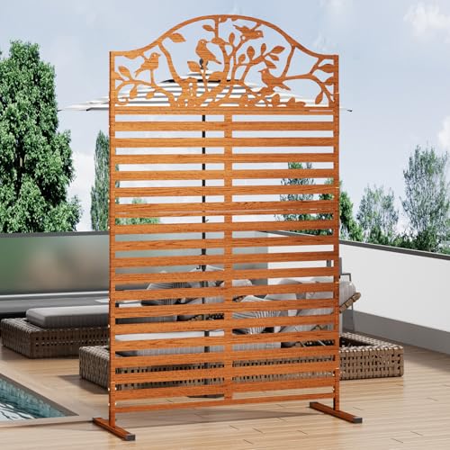Metal Outdoor Privacy Screen, Decorative Privacy Panel with Tree Bird Design, Weatherproof Freestanding Modern Privacy Fence Divider for Patio, Deck, Backyard, Porch & Balcony (1, Walnut) - color: Walnut