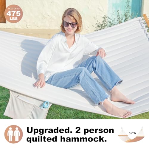GAFETE Hammock 2 Person Quilted Fabric Hammocks for Outside, Double 12ft Hammocks with Spreader Bar, Large Removable Pillow, Storage Bag, Carabiners, Max 475 lbs Capacity (Dune Beige) - color: Dune Beige