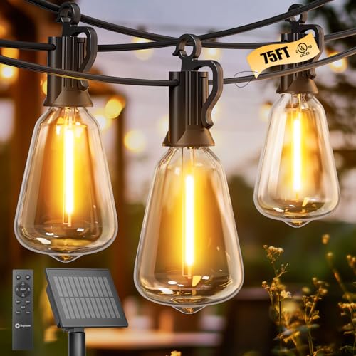 Brightown 75FT Solar String Lights Outdoor Waterproof with Remote, 35+1 LED Shatterproof Bulbs, Dimmable & Timable, 3 Light Modes - Commercial Grade Patio Lights for Garden Backyard Party Decor - size: 75FT(35 Sockets)