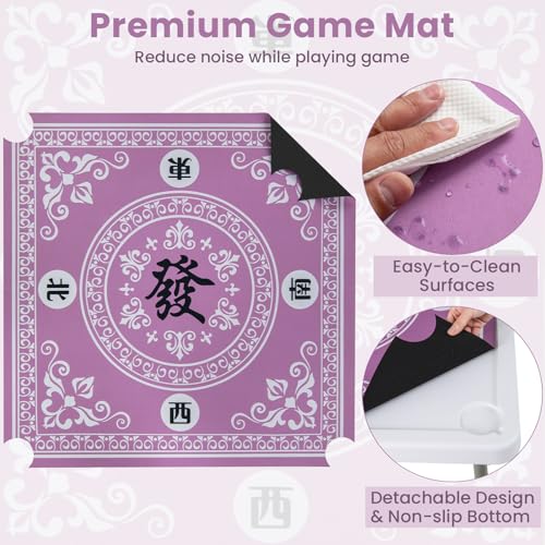 Goplus Mahjong Table, 35" Square Folding Card Table w/4Cup Holders, Anti Slip Mat, HDPE Tabletop, Metal Legs, Portable Mahjong Game Table for Domino Game, Picnic (Pink, Table w/Removable Mat) - style: Pink, Table w/Removable Mat