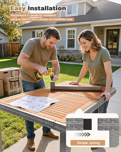 Flamaker 7 Piece Patio Dining Set Outdoor Acacia Wood Table and Chairs with Soft Cushions Wicker Patio Furniture for Deck, Backyard, Garden (Grey) - color: Grey, size: 7 Piece