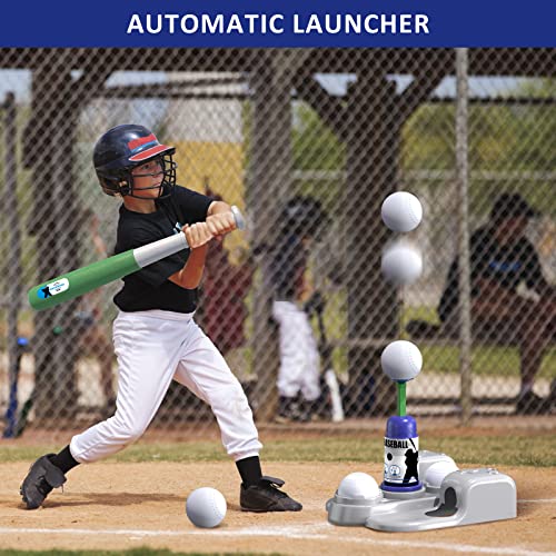 QDRAGON 2 in 1 T Ball Sets for Kids 3-5 5-8, Tee Ball Set with Automatic Pitching Machine/Adjustable Batting Bat & Stand/6 Balls, Baseball Toys Outdoor Sport for Toddlers Boys, Blue - color: Blue