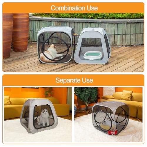 Portable Cat Playpen, Trapezoidal Design for Better Standing, Foldable Pet Tent for Indoor and Outdoor Use of Kitten and Puppy, Dog Play Enclosure with Removable Bottom, Cat Houses & Condos - color: Grey-Cube with Fabric