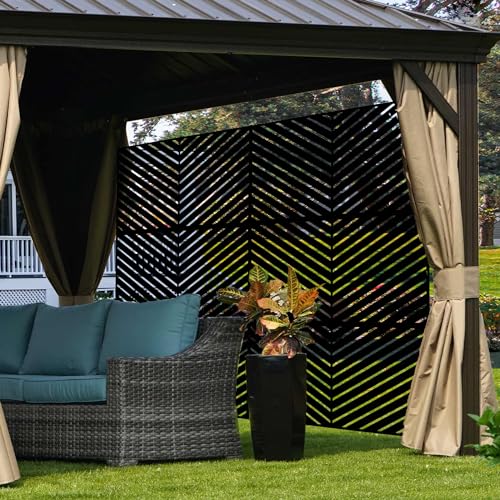 Kozyard Metal Privacy Screen 74" H x 47.2" W Decorative Outdoor Divider with Stand Panels Freestanding Screen Set for Deck Patio Balcony Garden Outdoor&Indoor(Black/Chevron) - color: Black/Chevron