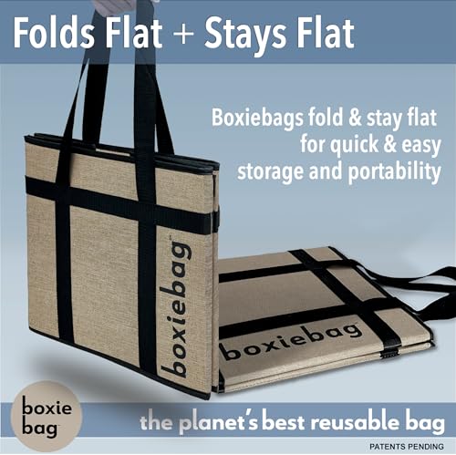 Boxiebag Reusable Grocery Bag (Single) – Durable Reusable Shopping Bag Box. Insulate, Stand Up, Stay Open, Fold Flat – Large Tote Bag with Long Handles & Reinforced Bottom. 2 Year Warranty.