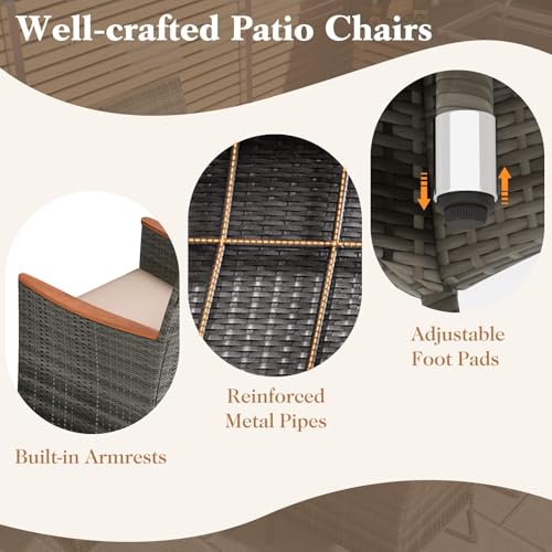 HAPPYGRILL 7 Piece Patio Rattan Dining Set Outdoor Wicker Chair & Table Set, Acacia Wood Tabletop & Armrests, Seat Cushions Included, Space-Saving Dining Set for Poolside Backyard Garden - color: Mix Grey & Beige