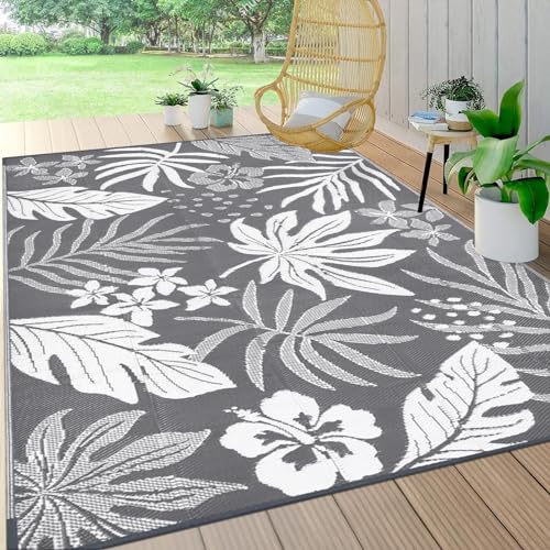 Pauwer Waterproof Outdoor Rug 6x9, Reversible Plastic Straw Patio Camping Rug, Indoor Outdoor RV Mat Carpet for Deck, Camper, Porch, Balcony, Backyard, Picnic, Floral Grey - color: Floral Grey, size: 6' x 9' (Rectangular)