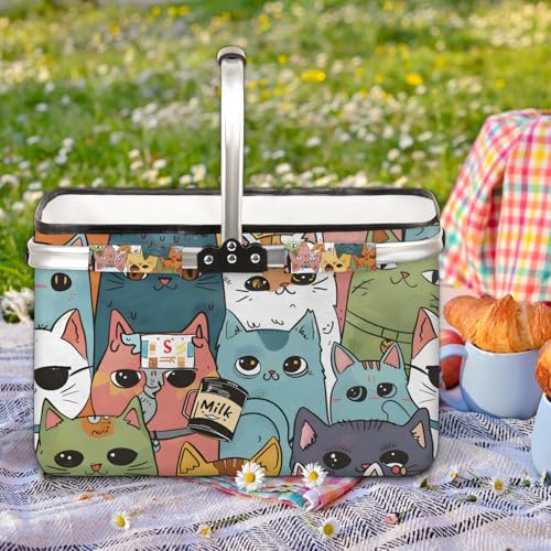 Picnic Basket, MARYHFENVA Collapsible Market Basket with Handles 40L Large Farmers Grocery Basket Portable Tote Bag - color: Cat(style 1)