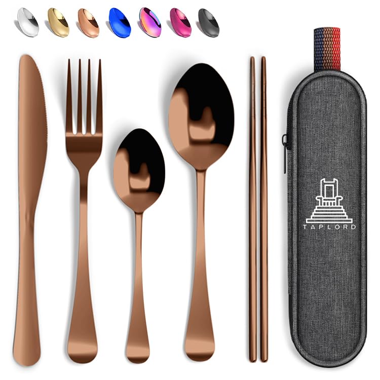 Taplord Portable Travel Silverware Set With Case, Includes 5 Pcs of Travel Utensils With Case, Stainless Steel Flatware Set For Camping, Easy to Travel, Lightweight (Rose Gold) - color: Rose Gold, size: 5 Pieces