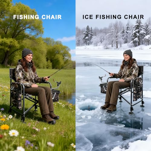 FUNHORUN Fishing Chair with Rod Holder, Folding Heavy Duty Ice Fishing Camping Chair with Liftable Cooler Bag, Cup Holder, Adjustable Legs